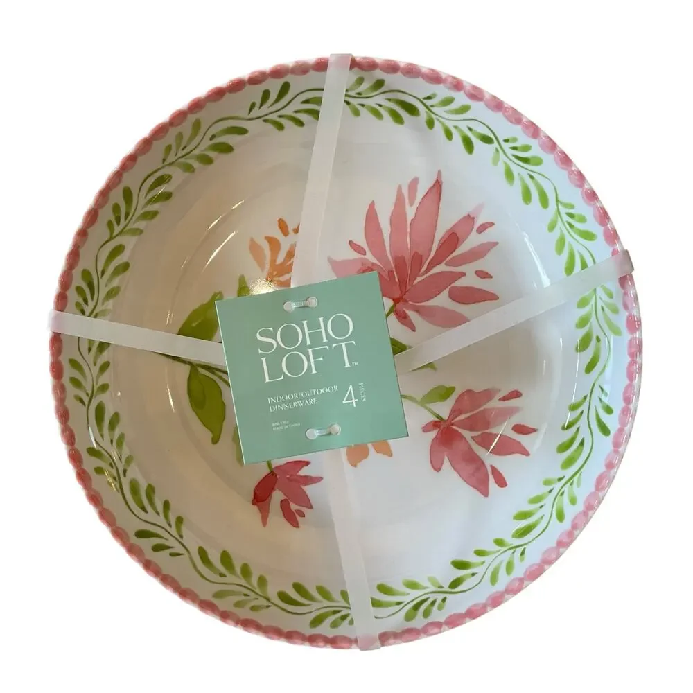 Soho Loft Floral Melamine Bowls 9in Round Pink & Green Set of 4 New